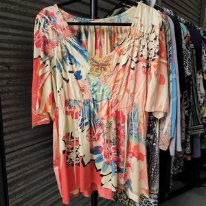 One World 1X Boho Butterfly Floral Blouse